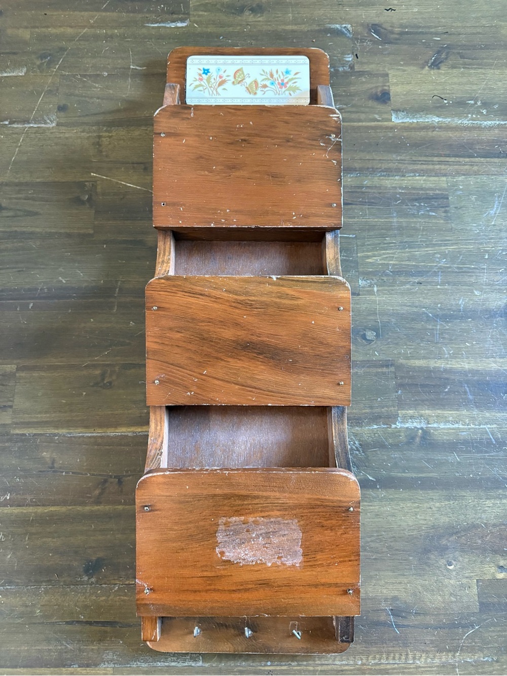 Vintage Mail Sorter Organizer Hooks Keys Wood Tile Inlay Rack Wall Mount Cottage